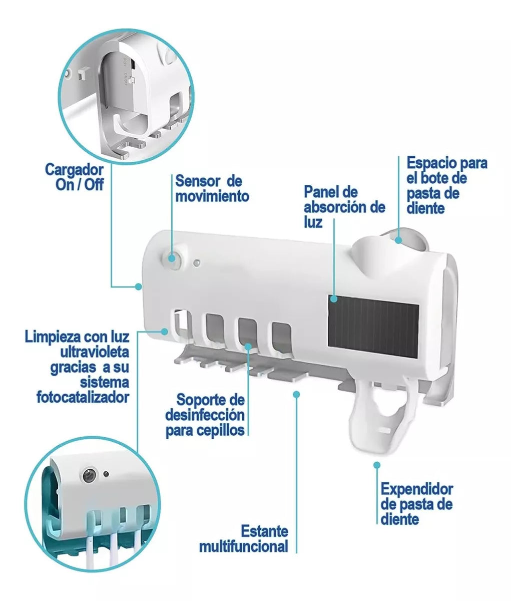 Soporte desinfectante para cepillo de dientes UV y dispensador de pasta